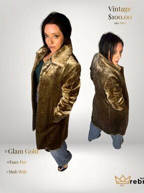 Vintage Sisley Bronze Gold Faux Fur Velvet Coat Size 42 M